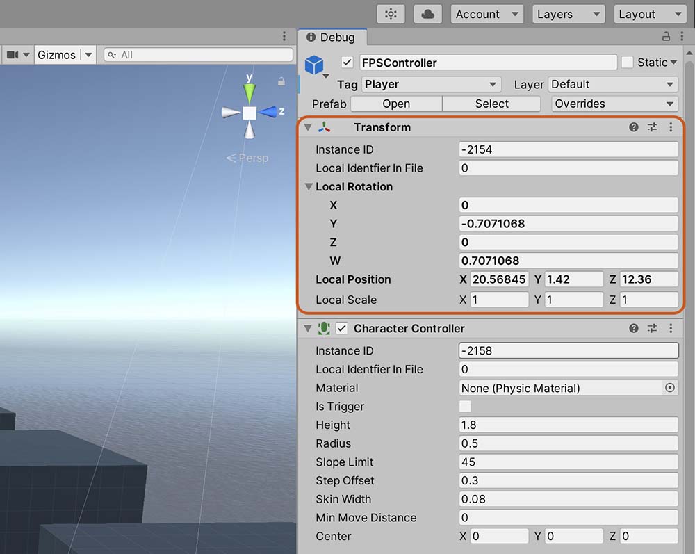 Figure 2.36 – Viewing the Transform component in Debug mode
