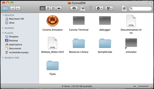 Time for action – setting up and activating Corona on Mac OS X