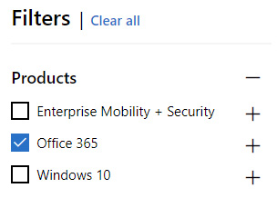 Figure 1.8 – The Microsoft 365 Roadmap filter pane's Products section