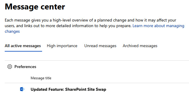 Figure 1.12 – The Office 365 Message center All active messages view