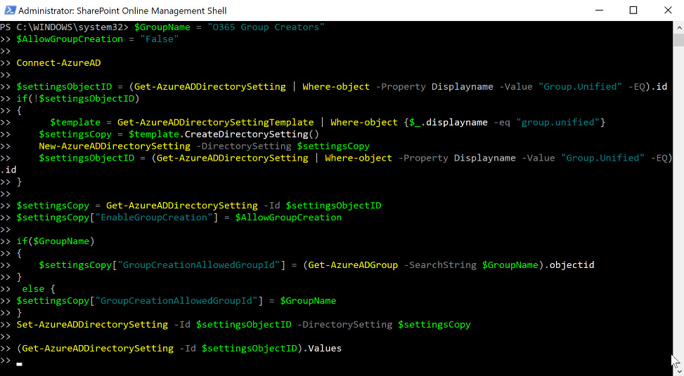 Figure 2.29 – PowerShell screen with pasted script adjusted with our "allowed" group name