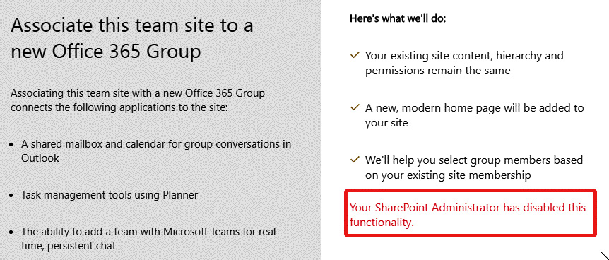 Figure 2.34 – Message that appears when users in SharePoint attempt to associate a site with a new group