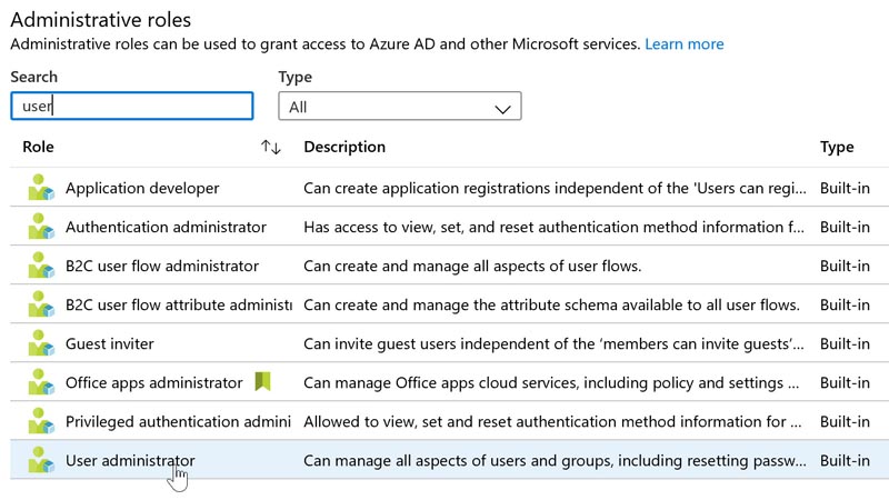 Figure 2.37 – User administrator role highlighted in Administrative roles search results