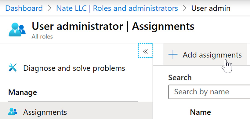 Figure 2.38 – Add assignments option in the Assignments screen of the User administrator role details