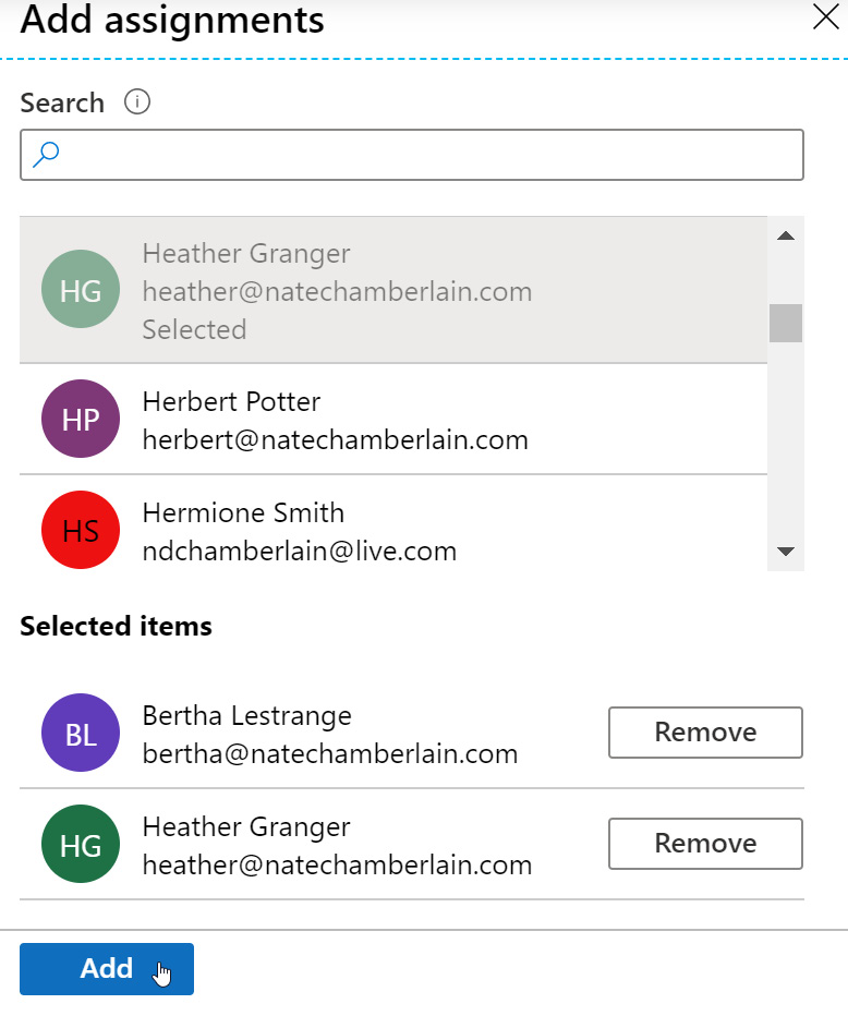 Figure 2.39 – Selected users being added to an admin role in Azure AD