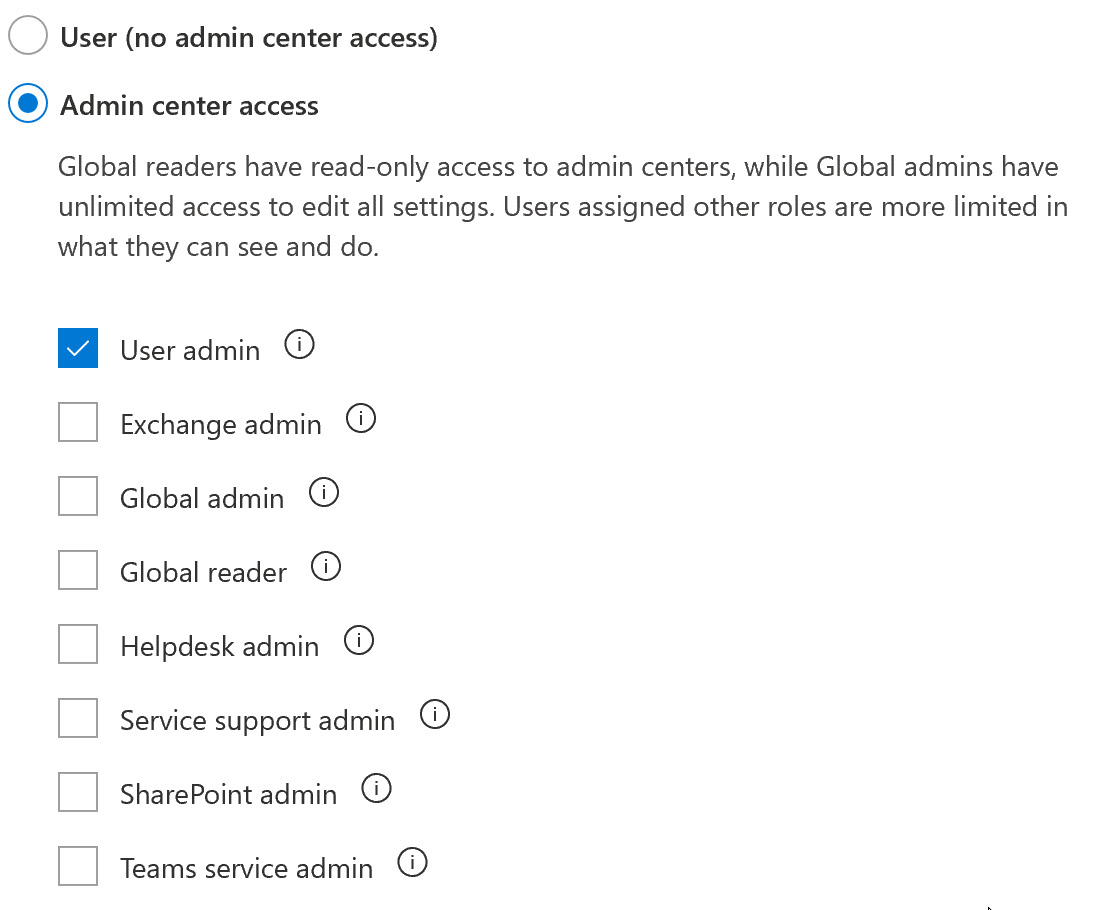 Figure 2.43 – Admin center access options, with User admin selected