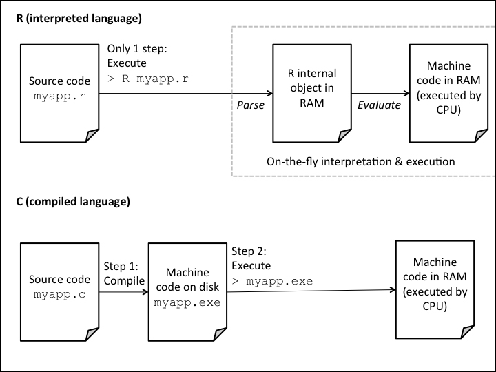 R is interpreted on the fly