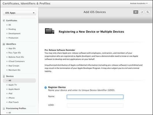 Registering the device