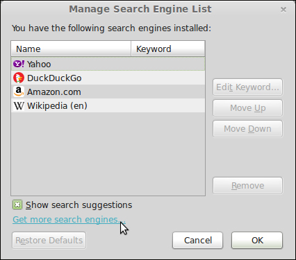 Changing the default search engine in Firefox